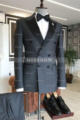 Deep Gray Double Breasted Peaked Lapel Fitted Business Suit