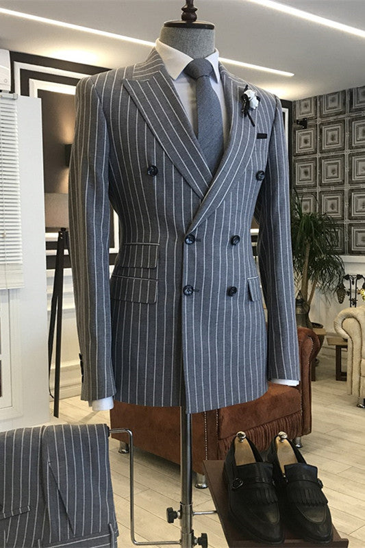 Deep Gray Striped Peaked Lapel Double-Breasted Formal Suit