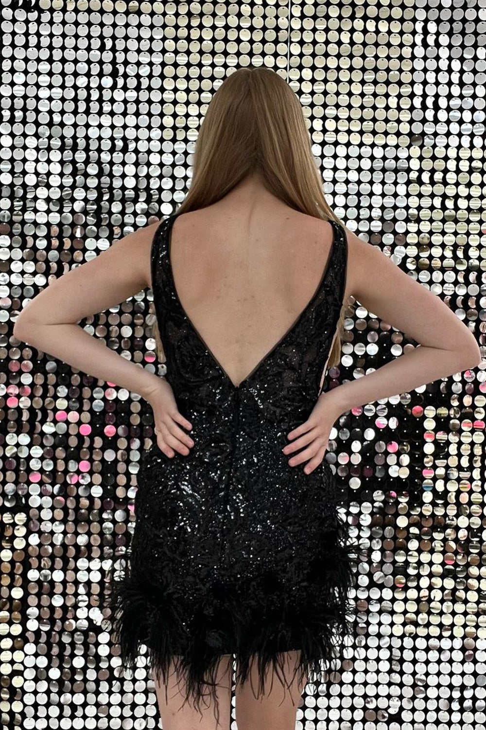 Deep Plunging V-Neck Wide Strap Floral Sequin Illusion Panel Open Back Dense Feather Hem Bodycon Homecoming Dress Mini