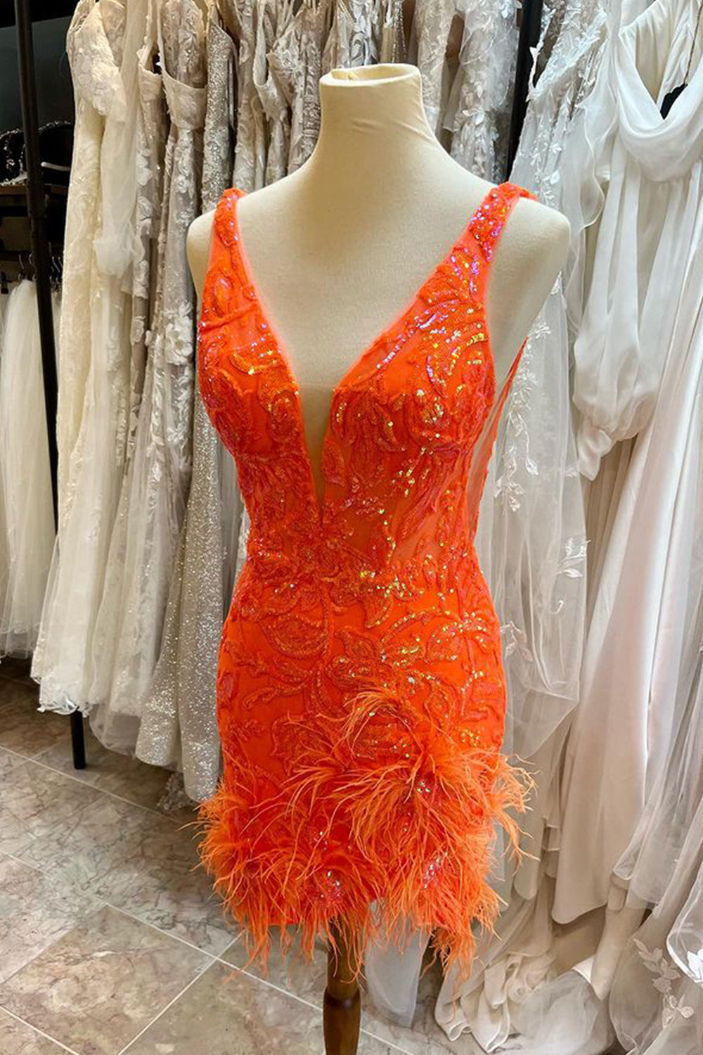 Deep Plunging V-Neck Wide Strap Floral Sequin Illusion Panel Open Back Dense Feather Hem Bodycon Homecoming Dress Mini