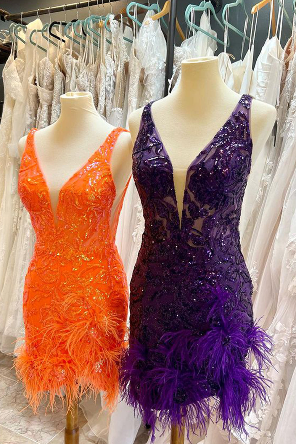 Deep Plunging V-Neck Wide Strap Floral Sequin Illusion Panel Open Back Dense Feather Hem Bodycon Homecoming Dress Mini