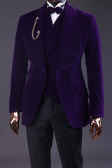 Deep Purple Shawl Lapel Three-Piece Velvet Wedding Suits