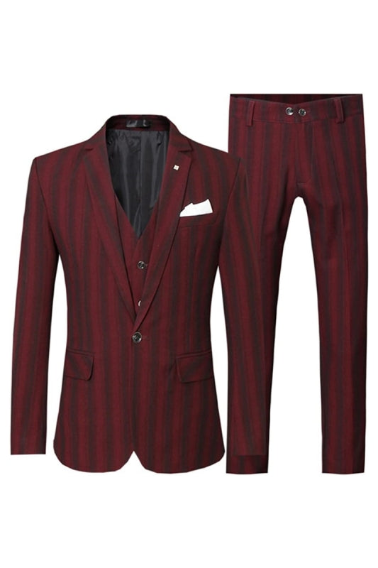 Deep Red Notched Lapel Striped Three-Piece Business Suit