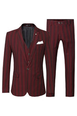Deep Red Notched Lapel Striped Three-Piece Business Suit