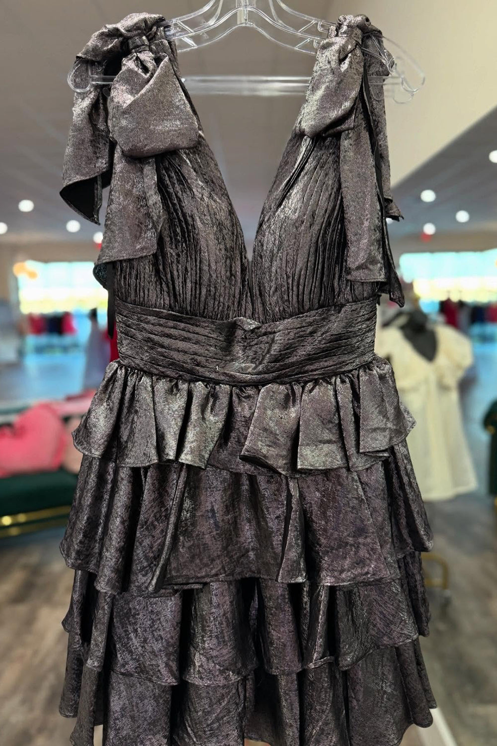 Deep V-Neck Bow Shoulder Straps Chiffon Ruched Waist Multi-Tier Ruffle Open Back Flared A-Line Short Homecoming Dress