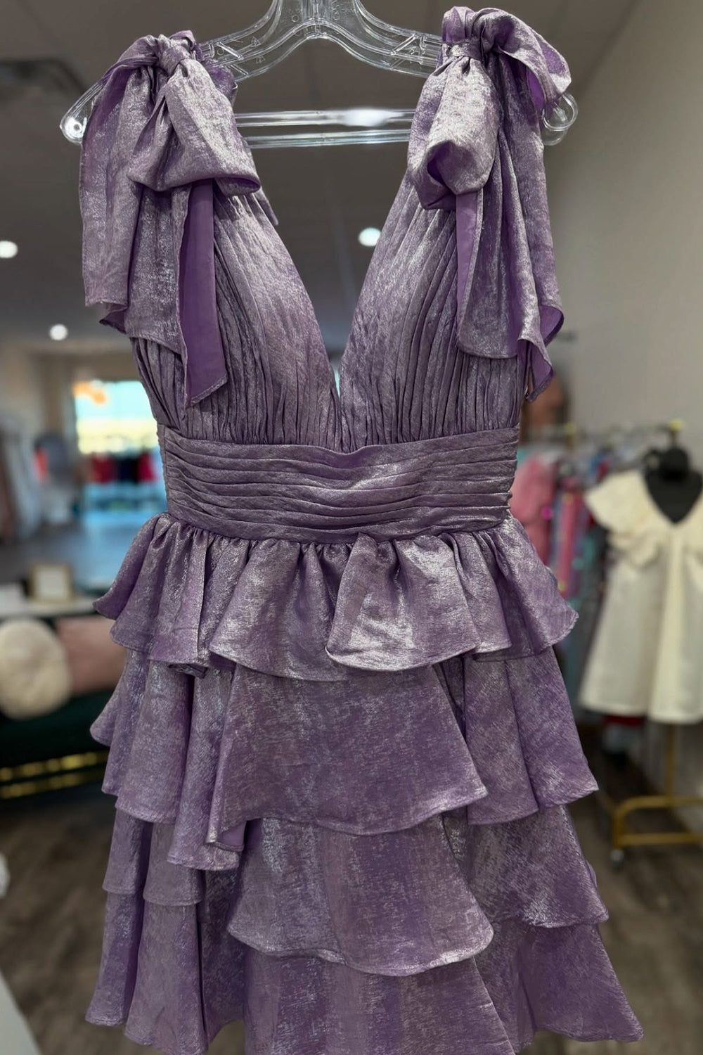 Deep V-Neck Bow Shoulder Straps Chiffon Ruched Waist Multi-Tier Ruffle Open Back Flared A-Line Short Homecoming Dress