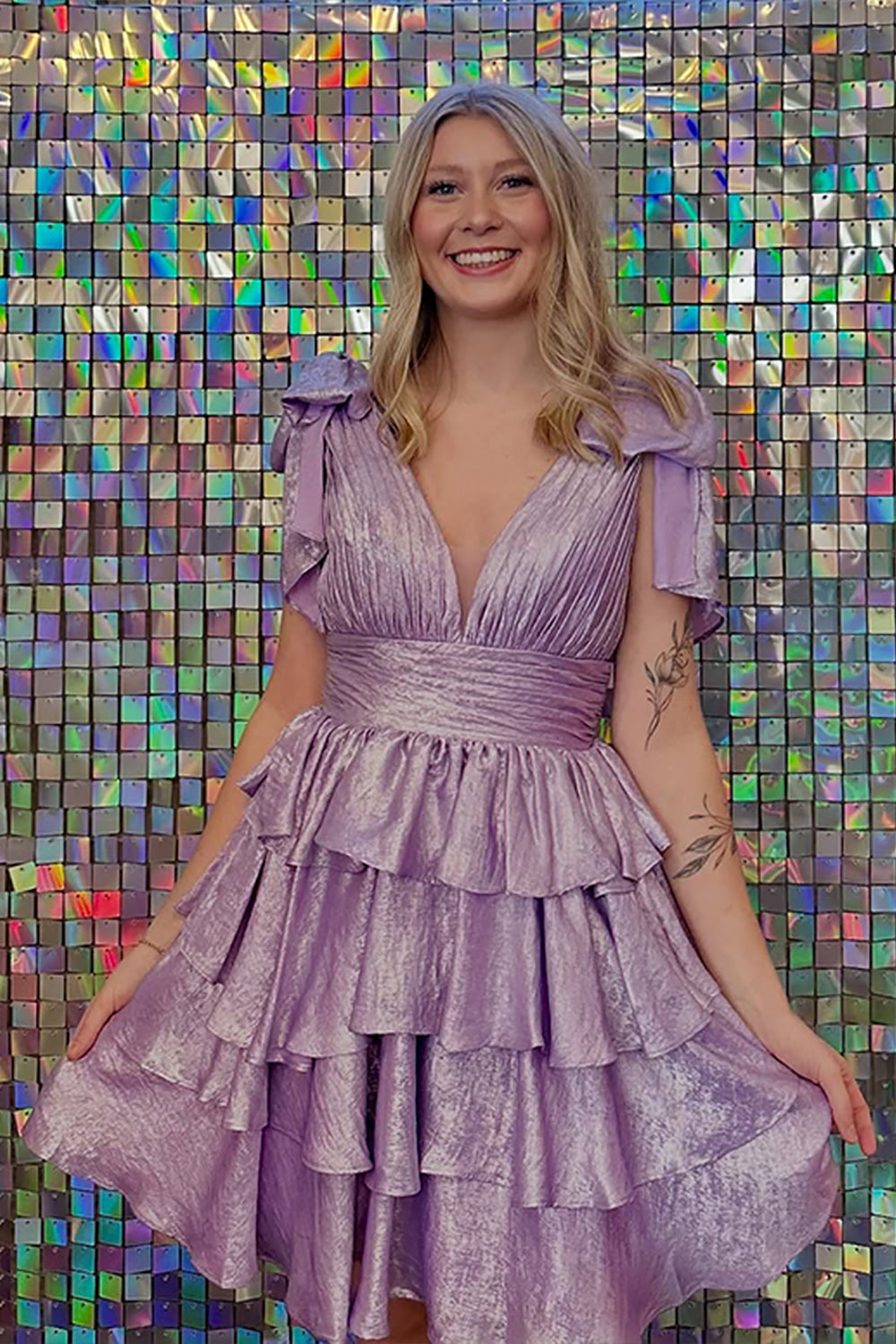 Deep V-Neck Bow Shoulder Straps Chiffon Ruched Waist Multi-Tier Ruffle Open Back Flared A-Line Short Homecoming Dress