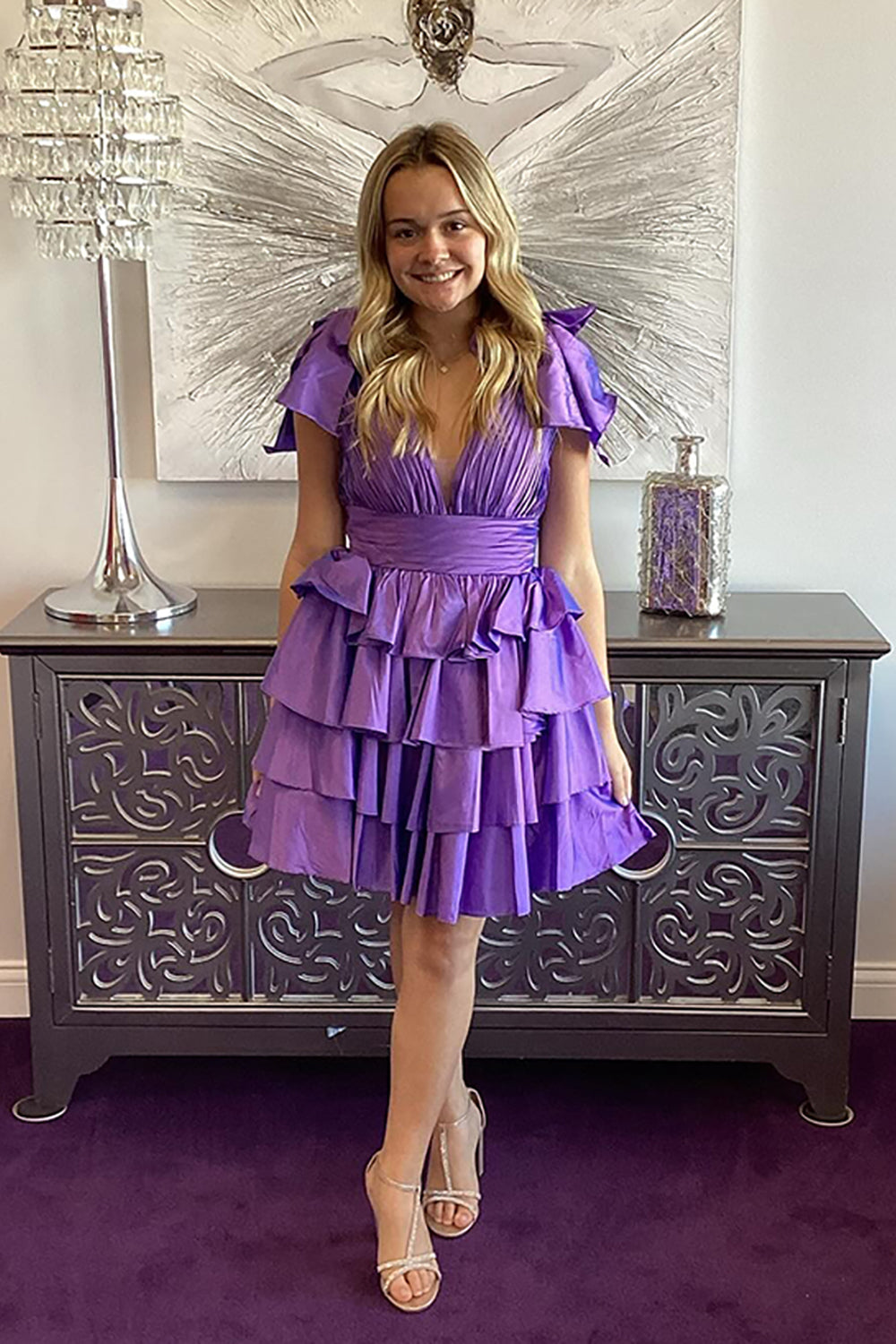 Deep V-Neck Bow Shoulder Straps Chiffon Ruched Waist Multi-Tier Ruffle Open Back Flared A-Line Short Homecoming Dress