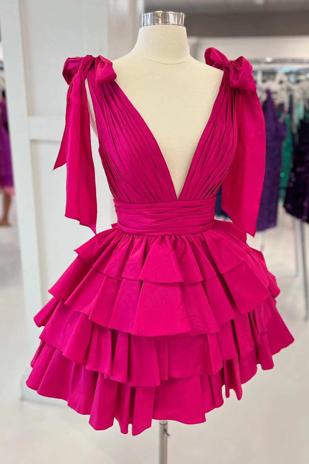 Deep V-Neck Bow Shoulder Straps Chiffon Ruched Waist Multi-Tier Ruffle Open Back Flared A-Line Short Homecoming Dress