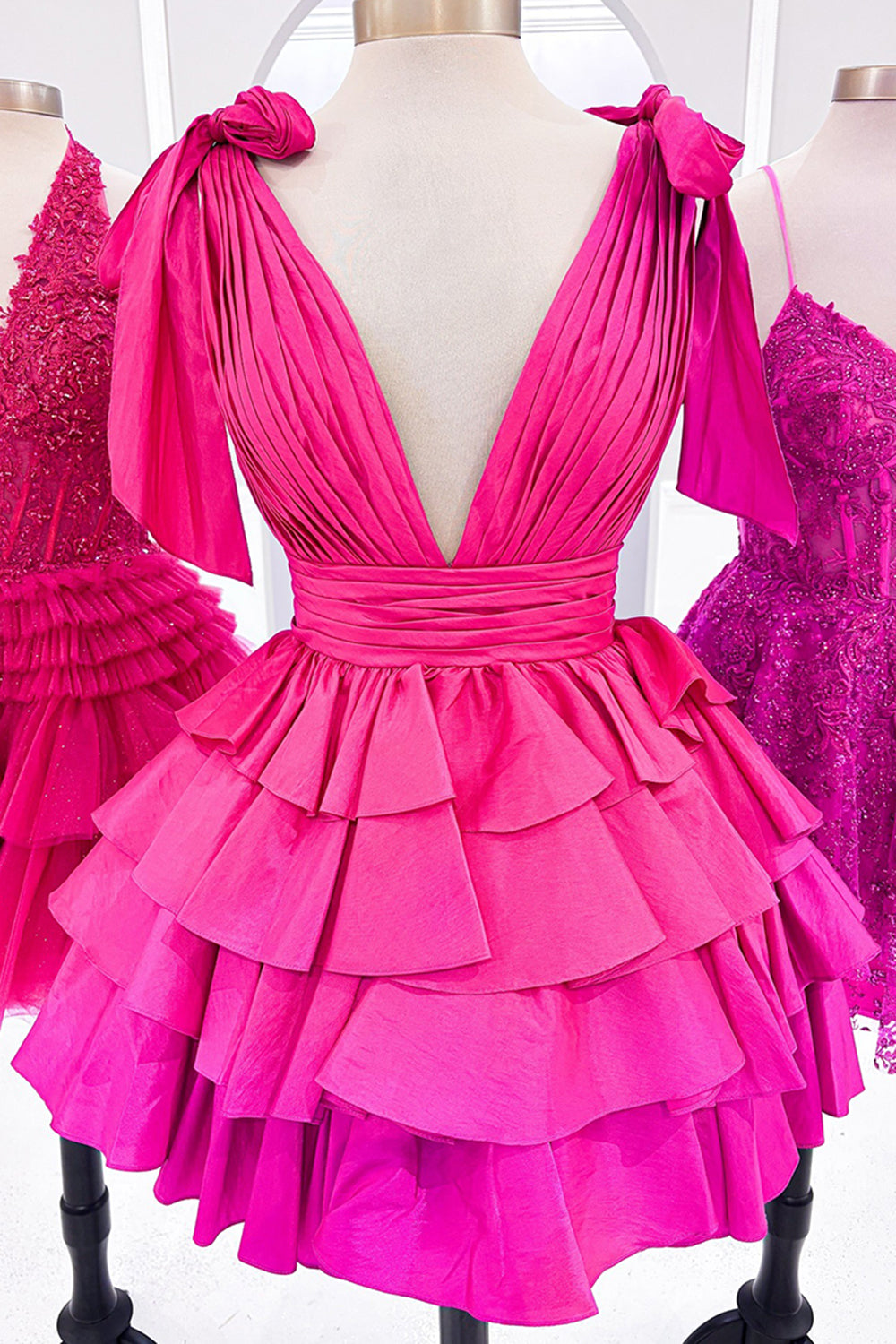 Deep V-Neck Bow Shoulder Straps Chiffon Ruched Waist Multi-Tier Ruffle Open Back Flared A-Line Short Homecoming Dress