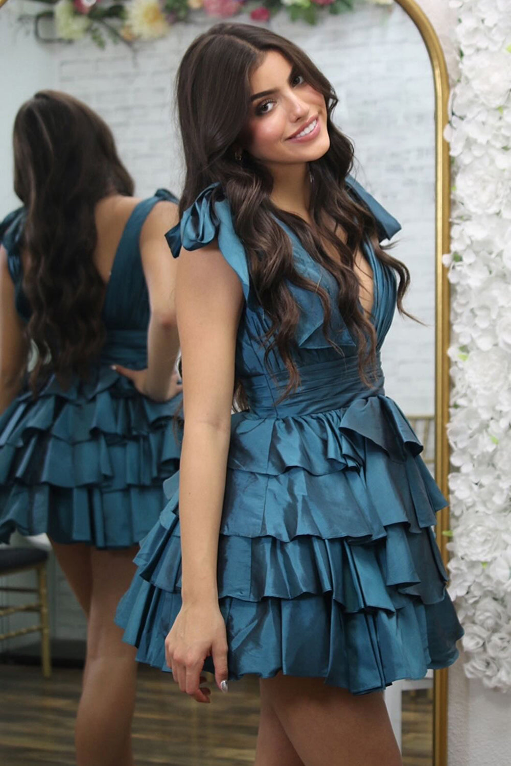 Deep V-Neck Bow Shoulder Straps Chiffon Ruched Waist Multi-Tier Ruffle Open Back Flared A-Line Short Homecoming Dress