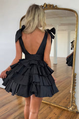 Deep V-Neck Bow Shoulder Straps Chiffon Ruched Waist Multi-Tier Ruffle Open Back Flared A-Line Short Homecoming Dress