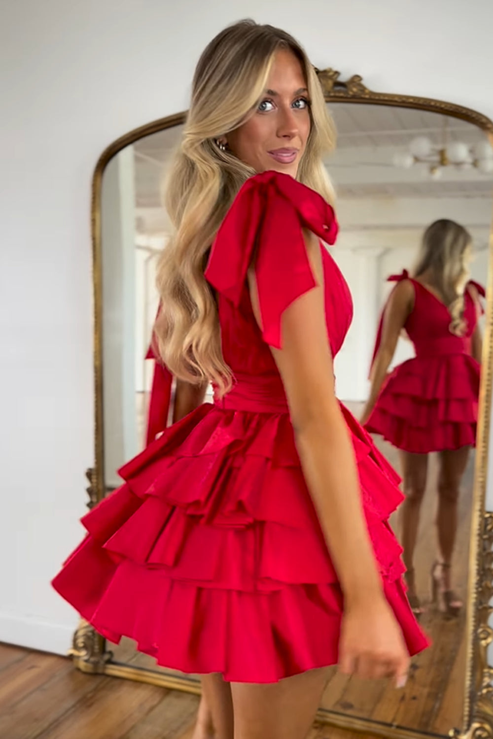 Deep V-Neck Bow Shoulder Straps Chiffon Ruched Waist Multi-Tier Ruffle Open Back Flared A-Line Short Homecoming Dress