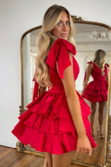 Deep V-Neck Bow Shoulder Straps Chiffon Ruched Waist Multi-Tier Ruffle Open Back Flared A-Line Short Homecoming Dress