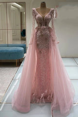 Deep V-Neck Crystal Leaf Lace Embroidery Corset Crystal Tassel Bodice Ultra-Long Tulle Cape Sleeves Crystal Waist Belt Mermaid Evening Dress Tulle Overskirt Chapel Train