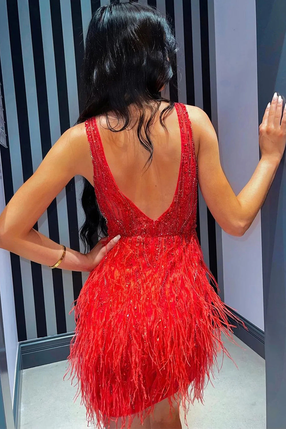 Deep V-Neck Illusion Sequined Lace Bodice All-Over Feather Skirt Open Back A-Line Homecoming Dress Mini
