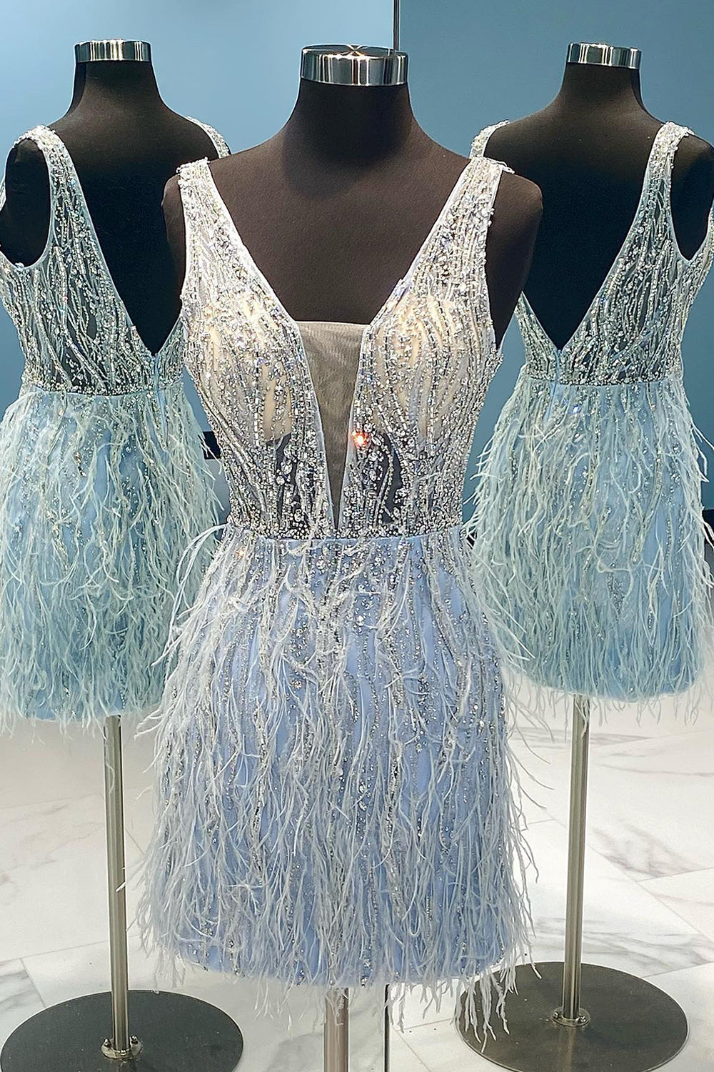 Deep V-Neck Illusion Sequined Lace Bodice All-Over Feather Skirt Open Back A-Line Homecoming Dress Mini