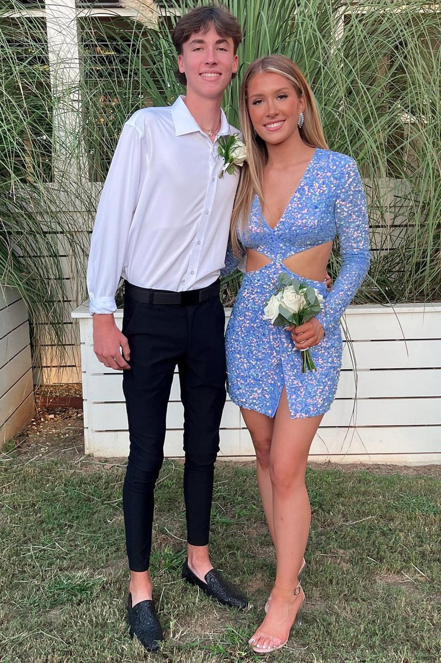 Light blue v-neck sequin bodycon homecoming dress