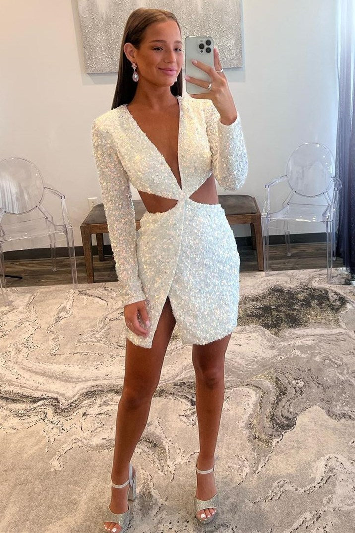 White v-neck sequin bodycon homecoming dress