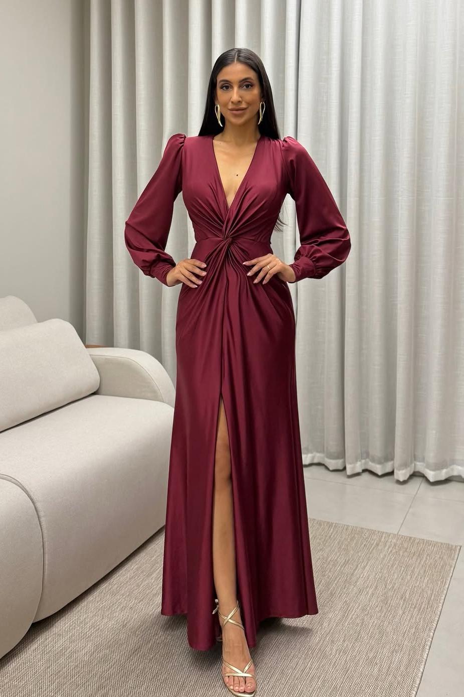 Deep V Neck Long Sleeves Long Formal Dress With Split Pleated