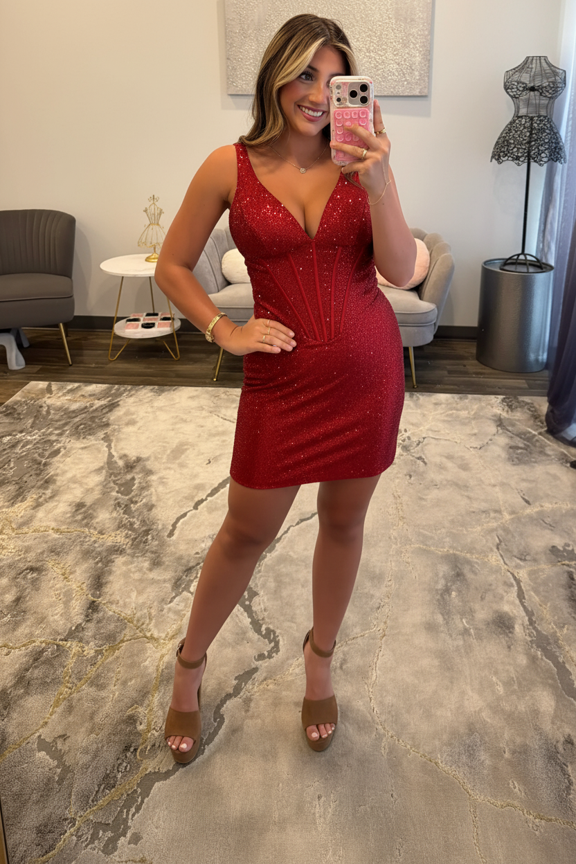 Deep V-Neck Rhinestone Boned Corset Satin Open Back Bodycon Homecoming Dress Mini
