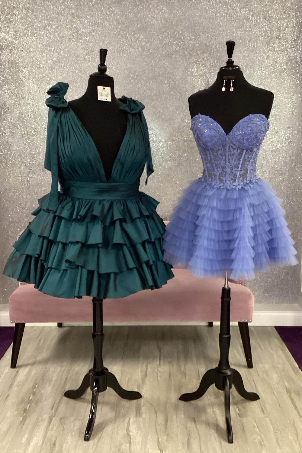 Deep V-Neck Shoulder Bow Tie Straps Satin Tiered Ruffle Skirt Open Back A-Line Homecoming Dress Mini