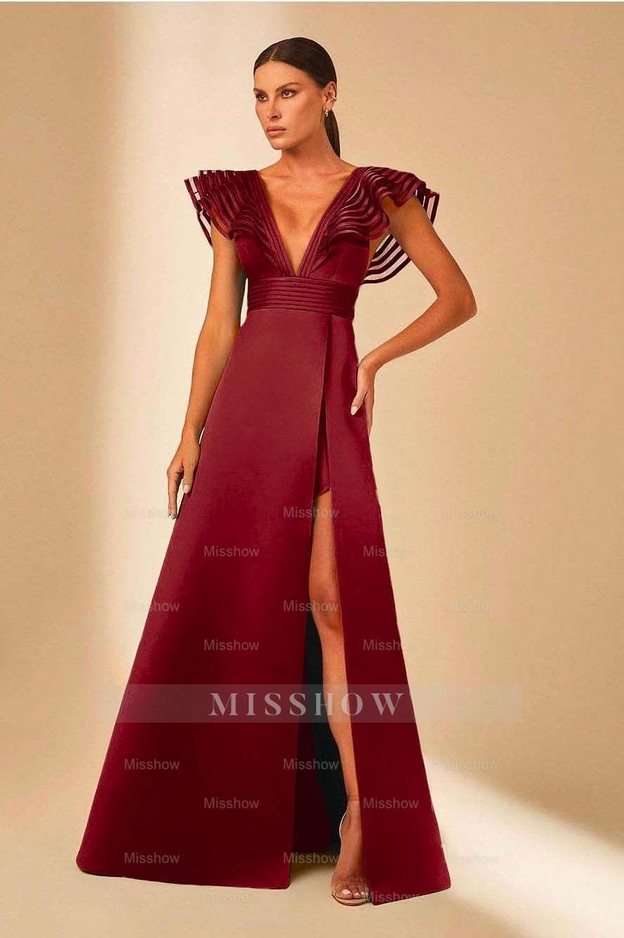 Deep V Neck Sleeveless A Line Long Formal Dress With Front Split