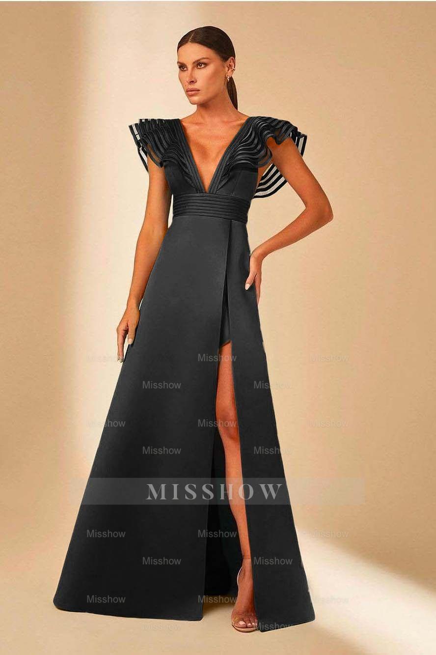 Deep V Neck Sleeveless A Line Long Formal Dress With Front Split