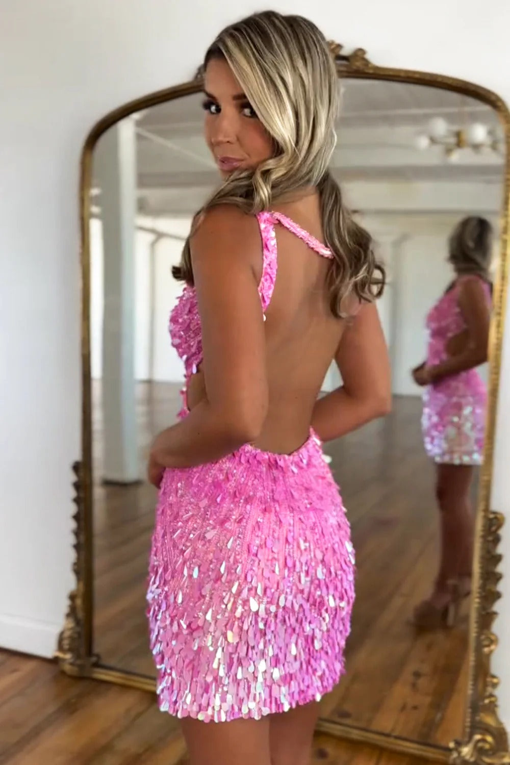 Deep V-Neck Spaghetti Strap Full Sequin Bodycon Homecoming Dress Open Back Mini