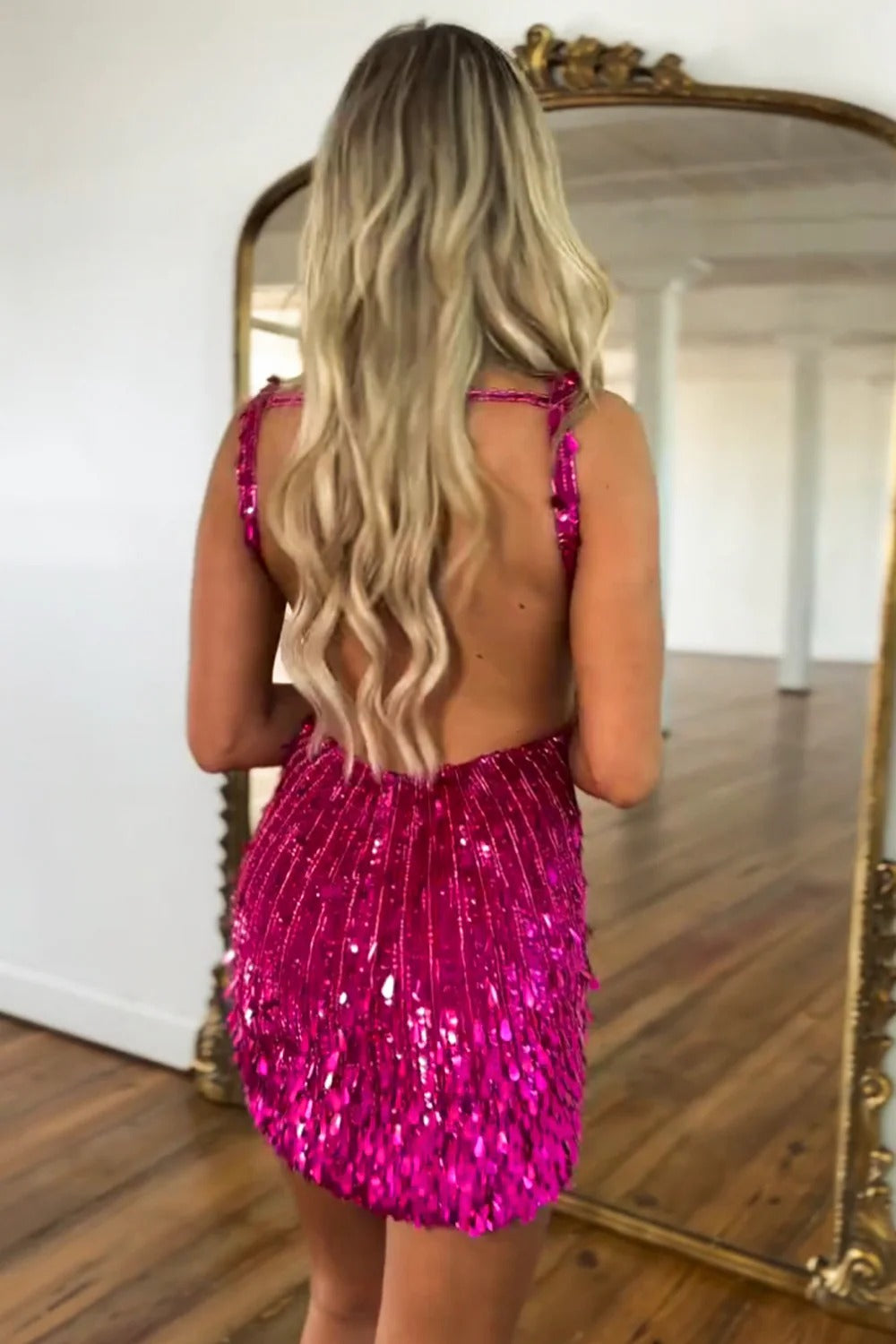 Deep V-Neck Spaghetti Strap Full Sequin Bodycon Homecoming Dress Open Back Mini
