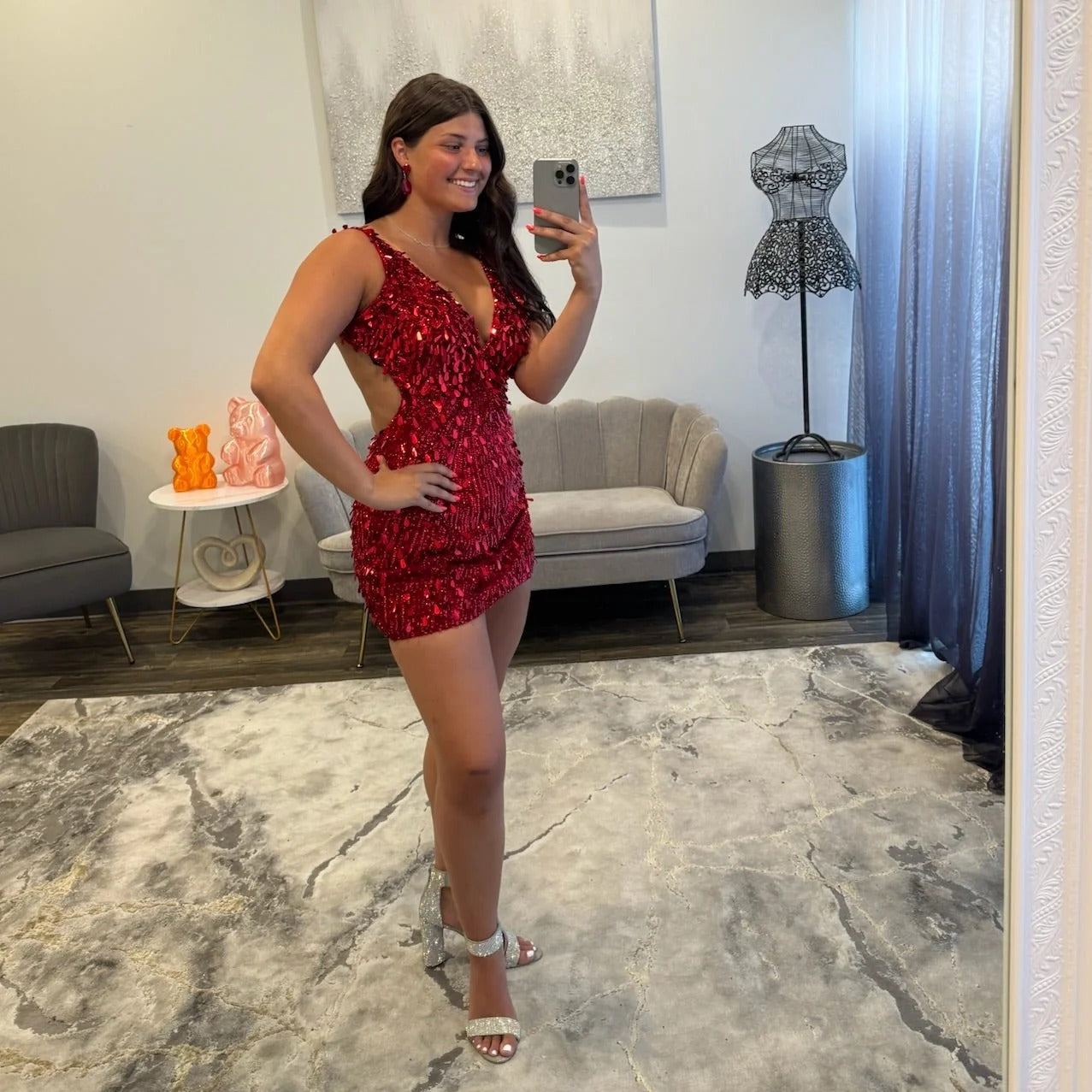 Deep V-Neck Spaghetti Strap Full Sequin Bodycon Homecoming Dress Open Back Mini