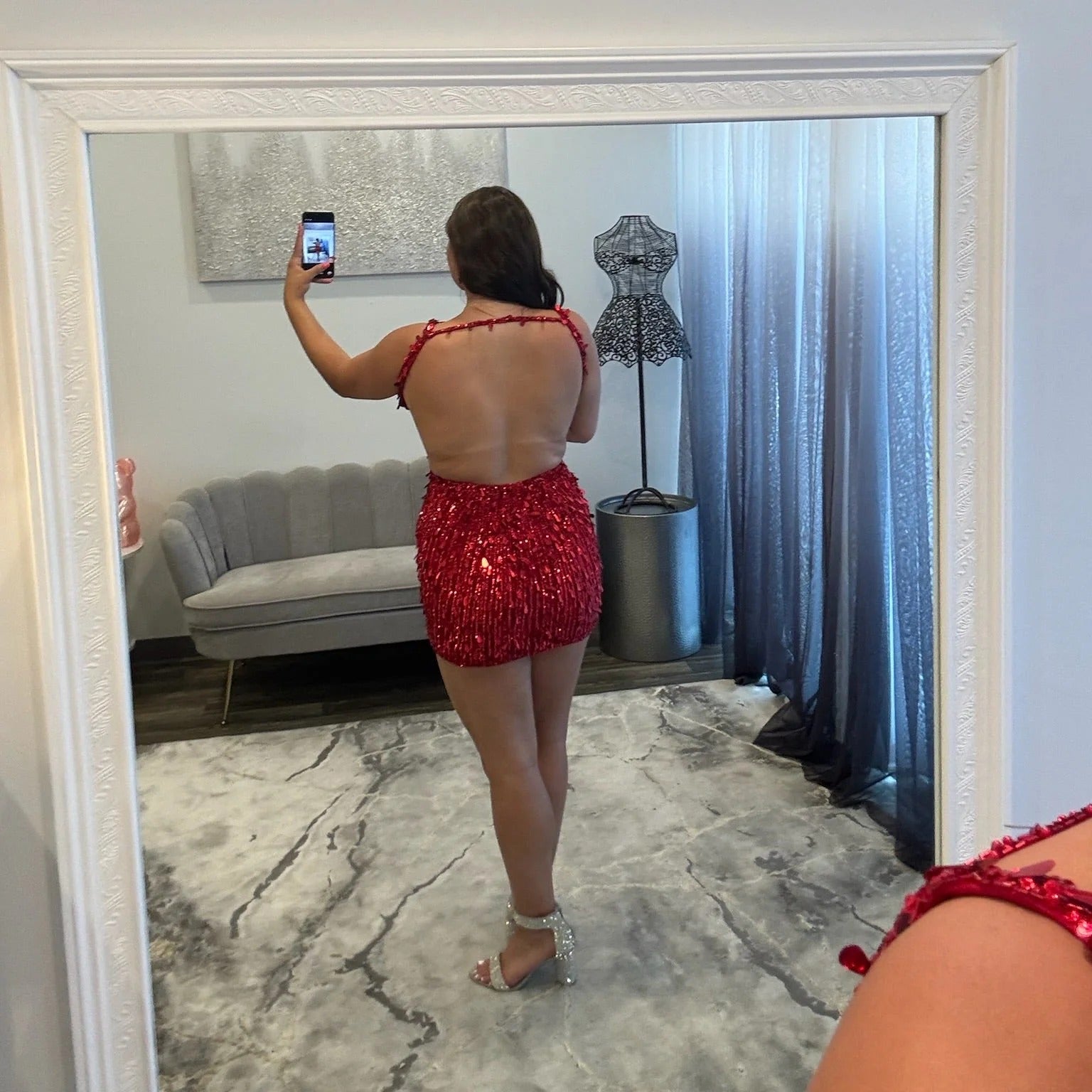 Deep V-Neck Spaghetti Strap Full Sequin Bodycon Homecoming Dress Open Back Mini