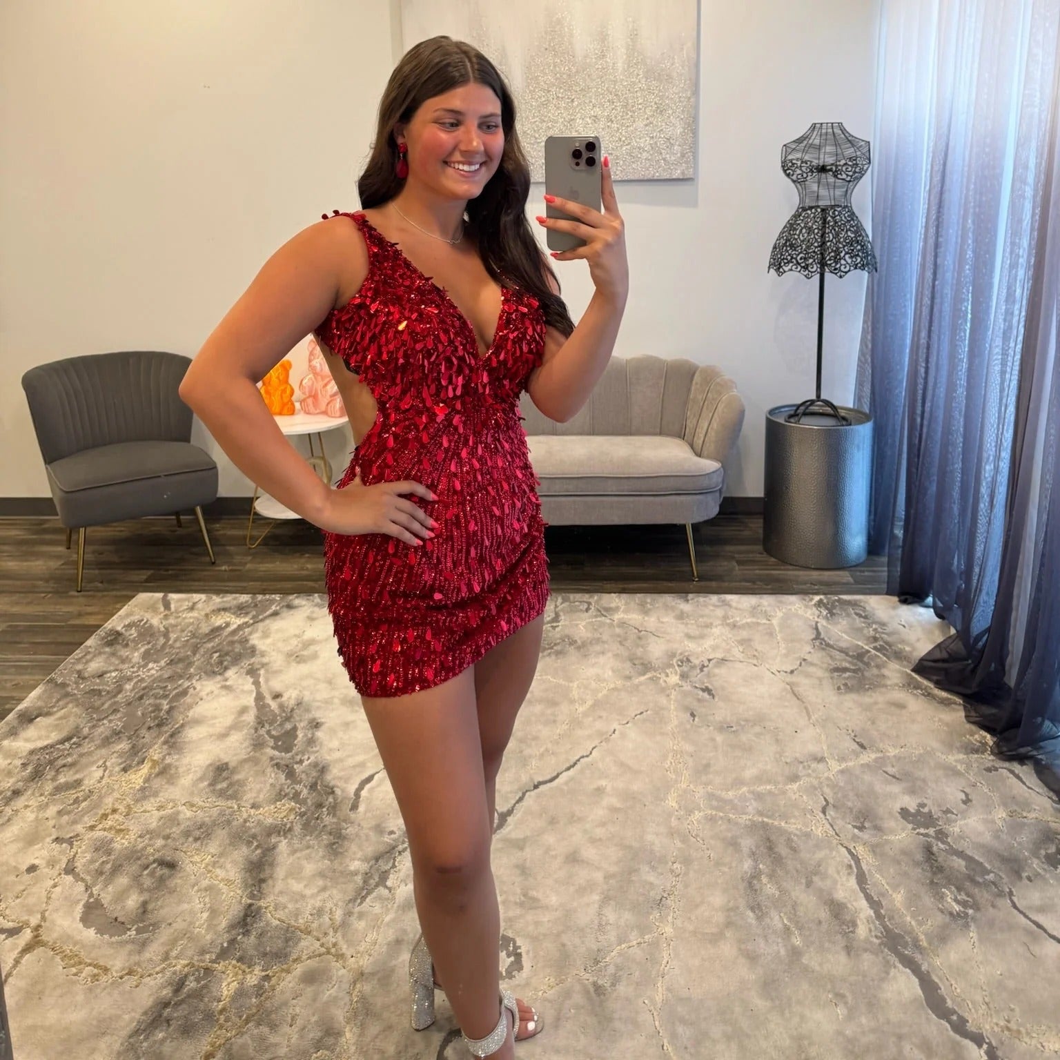 Deep V-Neck Spaghetti Strap Full Sequin Bodycon Homecoming Dress Open Back Mini