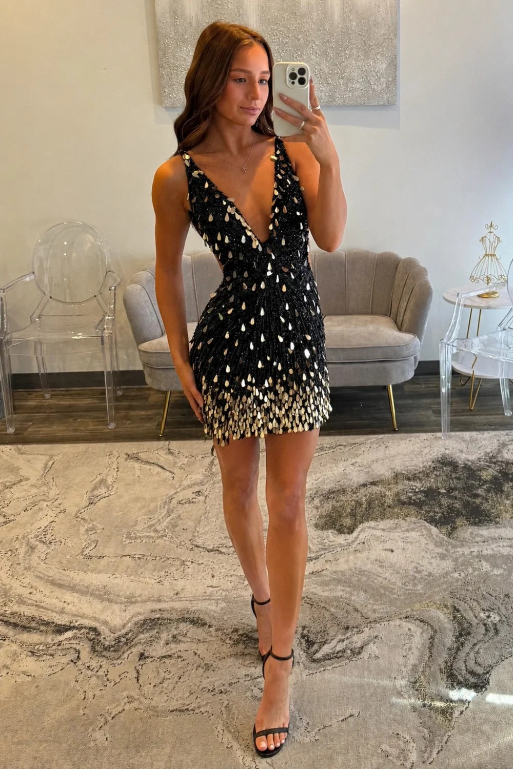 Deep V-Neck Spaghetti Strap Full Sequin Bodycon Homecoming Dress Open Back Mini