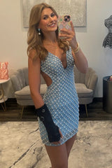 Deep V Neck Spaghetti Strap Pearl Rhinestone Mesh Bodycon Homecoming Dress Open Back Mini