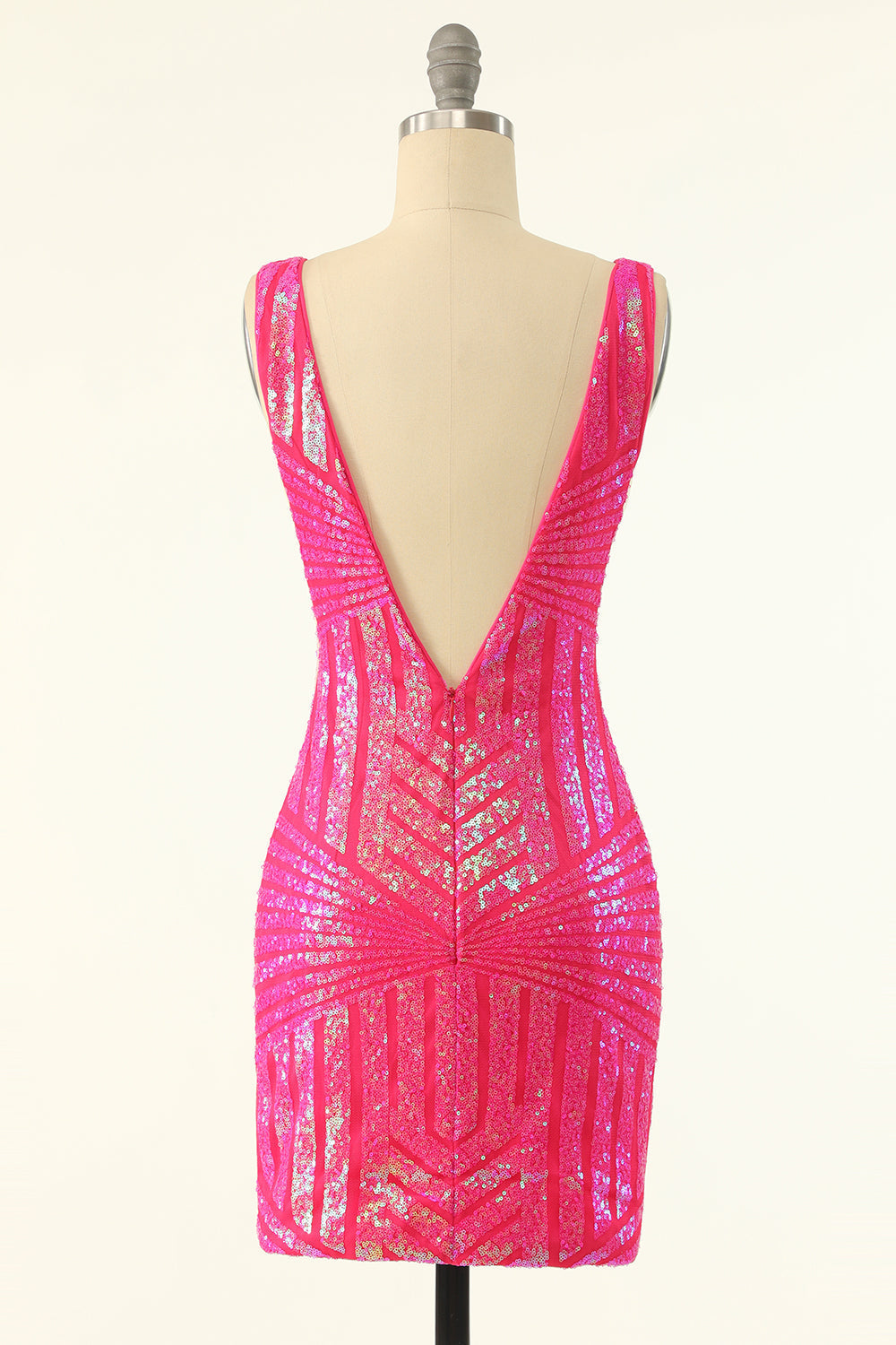 Deep V-Neck Wide Strap Geometric Chevron Pattern Sequin Open Back Bodycon Homecoming Dress Mini
