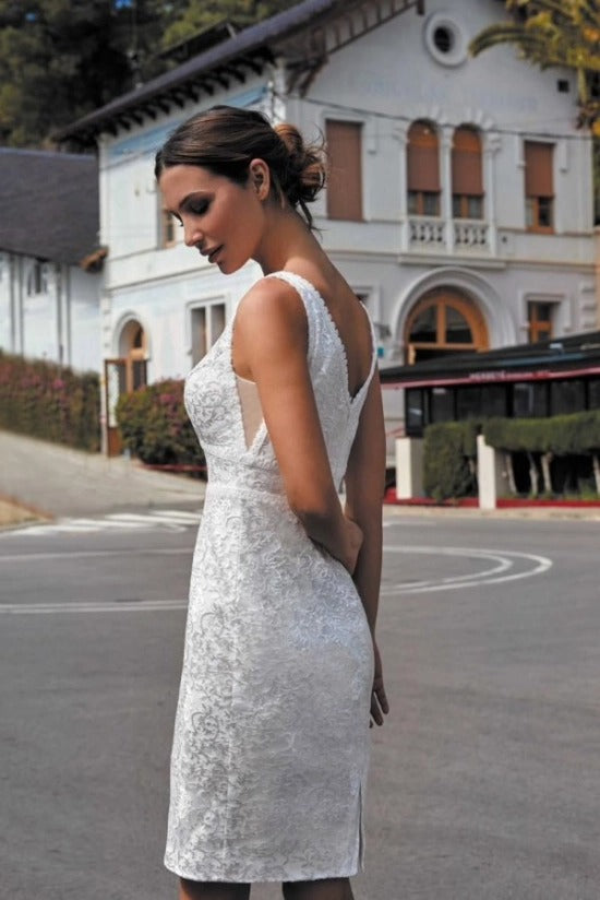 Deep V-Neck Wide Strap Shimmer Jacquard Lace Fitted Pencil Sheath Knee Length Wedding Dress Low V-Back