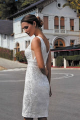 Deep V-Neck Wide Strap Shimmer Jacquard Lace Fitted Pencil Sheath Knee Length Wedding Dress Low V-Back
