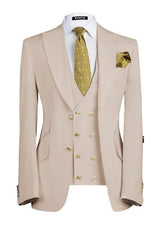 Deluxe Beige Three-Piece Peaked Lapel Prom Suit For Men