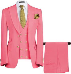 Deluxe Candy Pink Three-Piece Peaked Lapel Prom Suit For Men