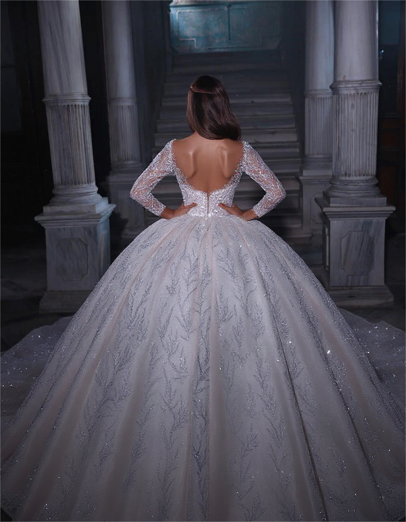 Deluxe Floor Length Sweetheart Long Sleeves A-Line Sequined Wedding Dress with Ruffles