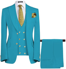 Deluxe Lake Blue Three-Piece Peaked Lapel Prom Suit For Men