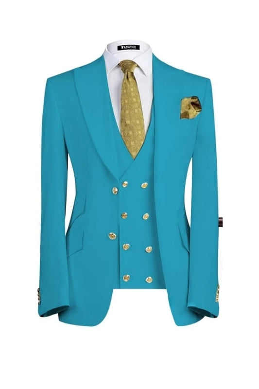 Deluxe Lake Blue Three-Piece Peaked Lapel Prom Suit For Men