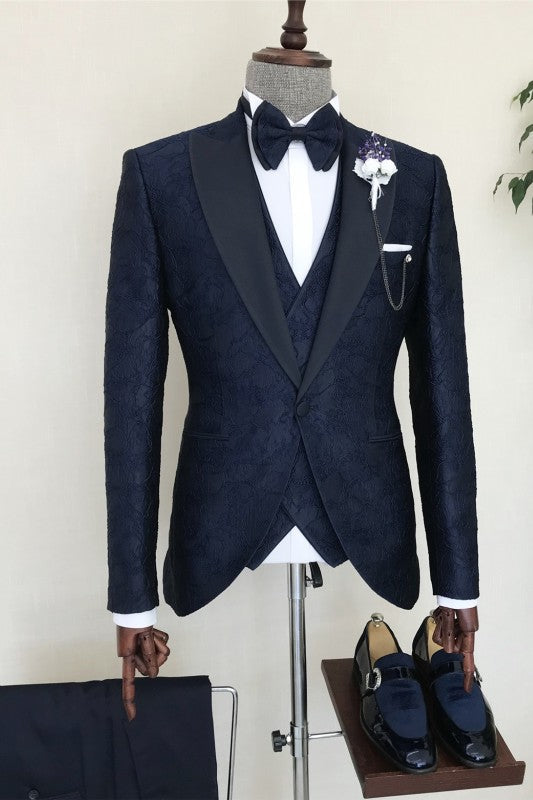 Deluxe Navy Blue Jacquard Three-Piece Peaked Lapel Prom Suit For Men