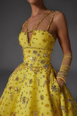 Designer A-Line Satin V-Neck Sleeveless Yellow Prom Evening Dresses With Beading