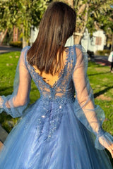 Designer A-Line Tulle V-Neck Long Sleeve Prom Evening Dresses With Appliques