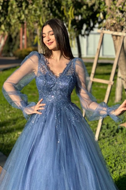 Designer A-Line Tulle V-Neck Long Sleeve Prom Evening Dresses With Appliques