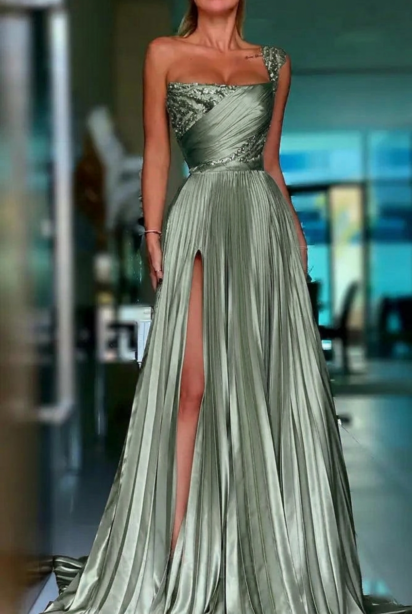 Dusty sage one shoulder sequin A-line prom dress