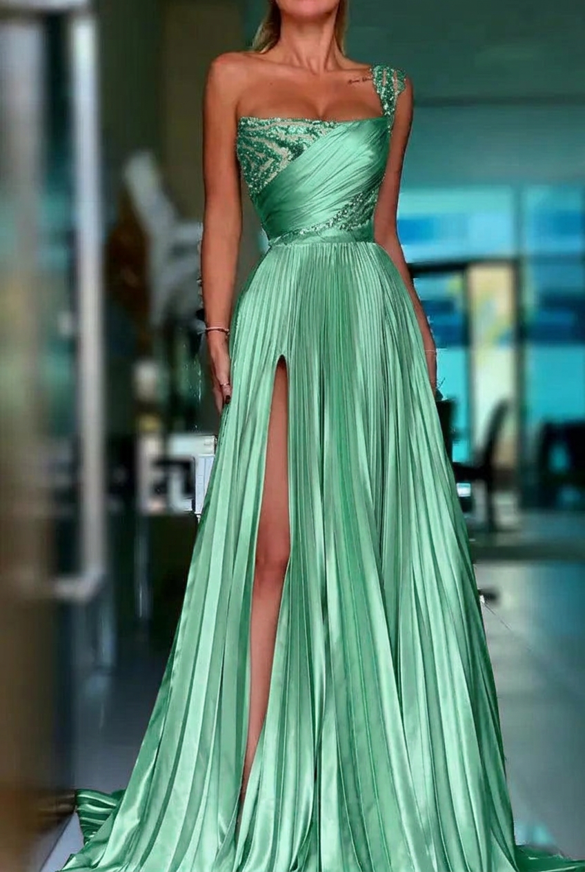 Mint green one shoulder sequin A-line prom dress