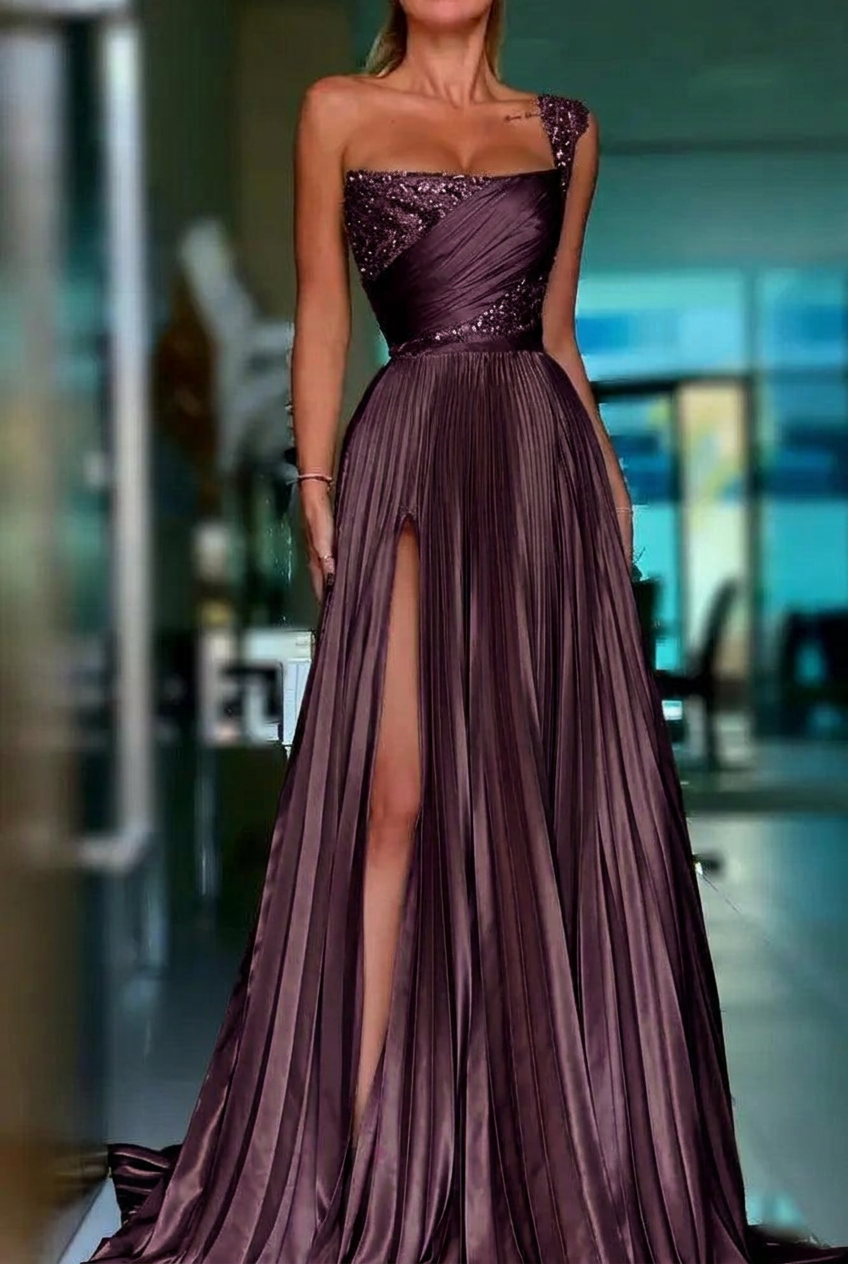 Grape one shoulder sequin A-line prom dress